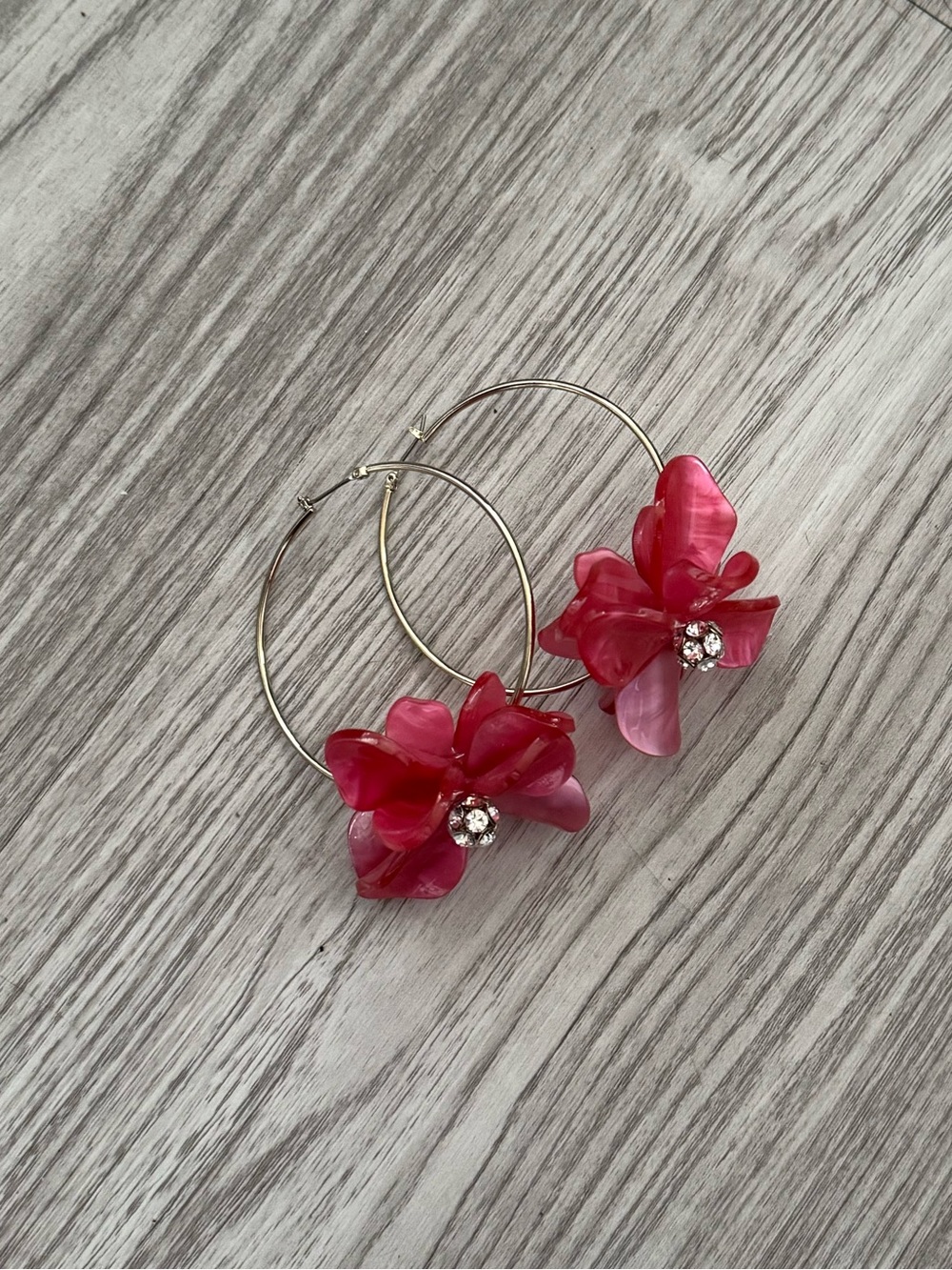 Pink Floral Hoop Earrings with Crystal Accent - Women Jewelry